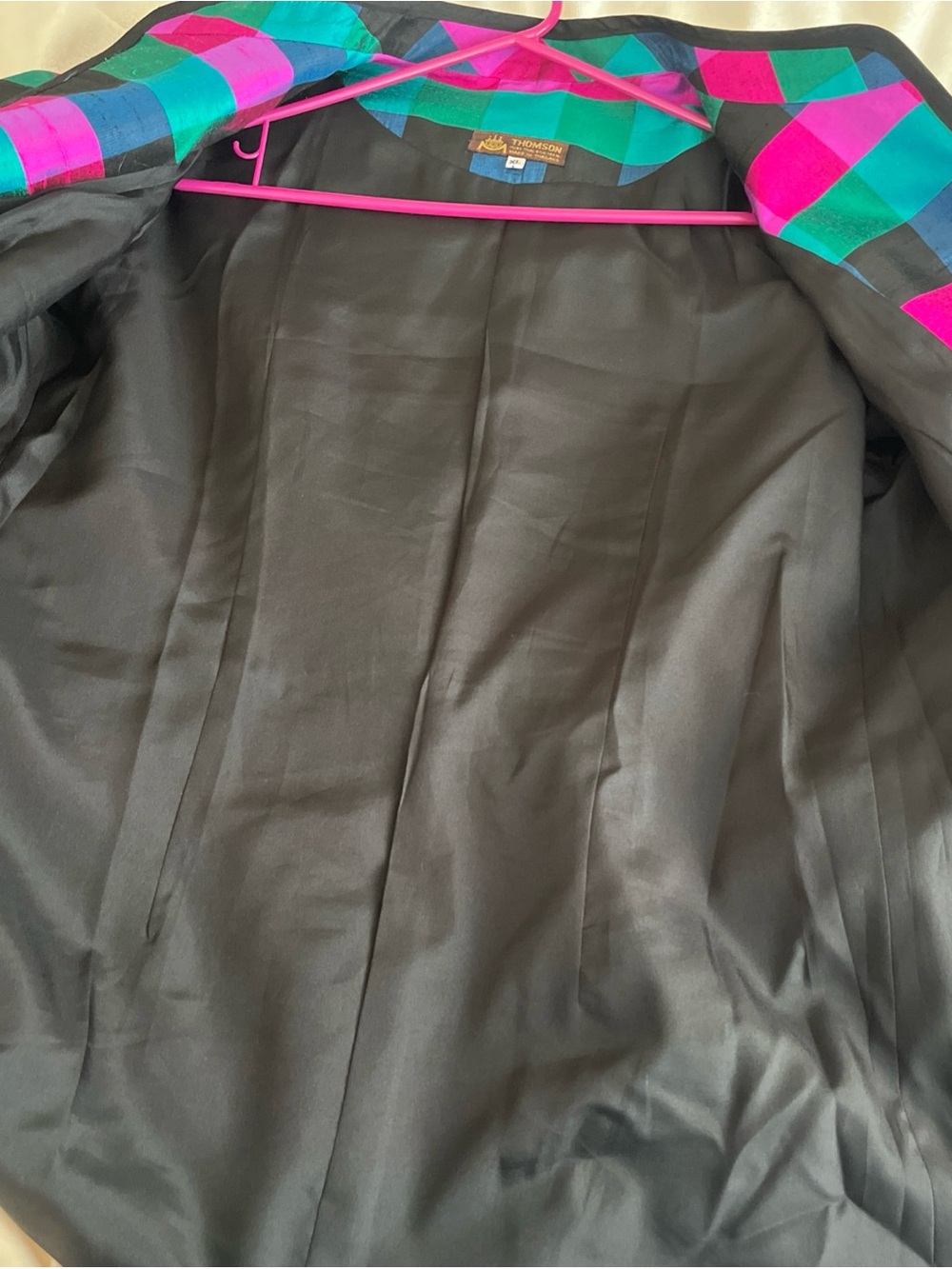 Thomson 100% Silk Jewel Toned Plaid Jacket Size XL 80s Colorblock Grandmillenial - Picture 14 of 16